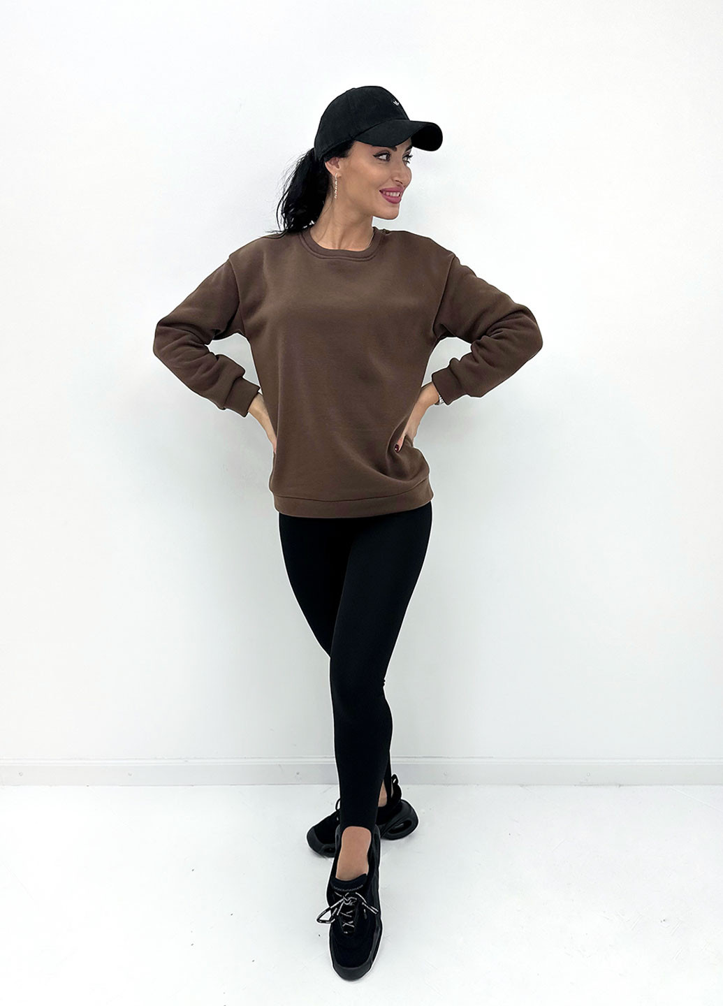 Базовый однотонный свитшот Fashion Girl - Свободный крой коричневый спортивный, повседневный, кэжуал трехнитка - (274065172)