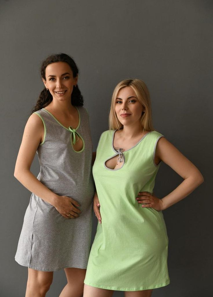 Серо-салатовая ночная рубашка с секретом кормления для роддома для беременных и кормящих на бретелях Мамин Дом (269900962)