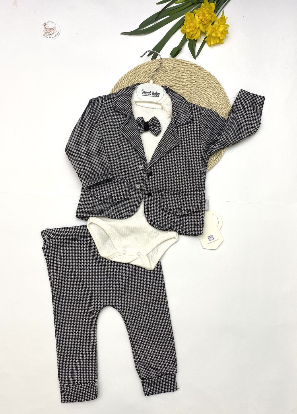 Серый демисезонный праздничный костюм для мальчика (пиджак+боди+штаны) тройка Murat baby