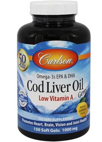 Cod Liver Oil Gems Low Vitamin A 1000 mg 150 Soft Gels Lemon Flavor Carlson Labs (257079423)