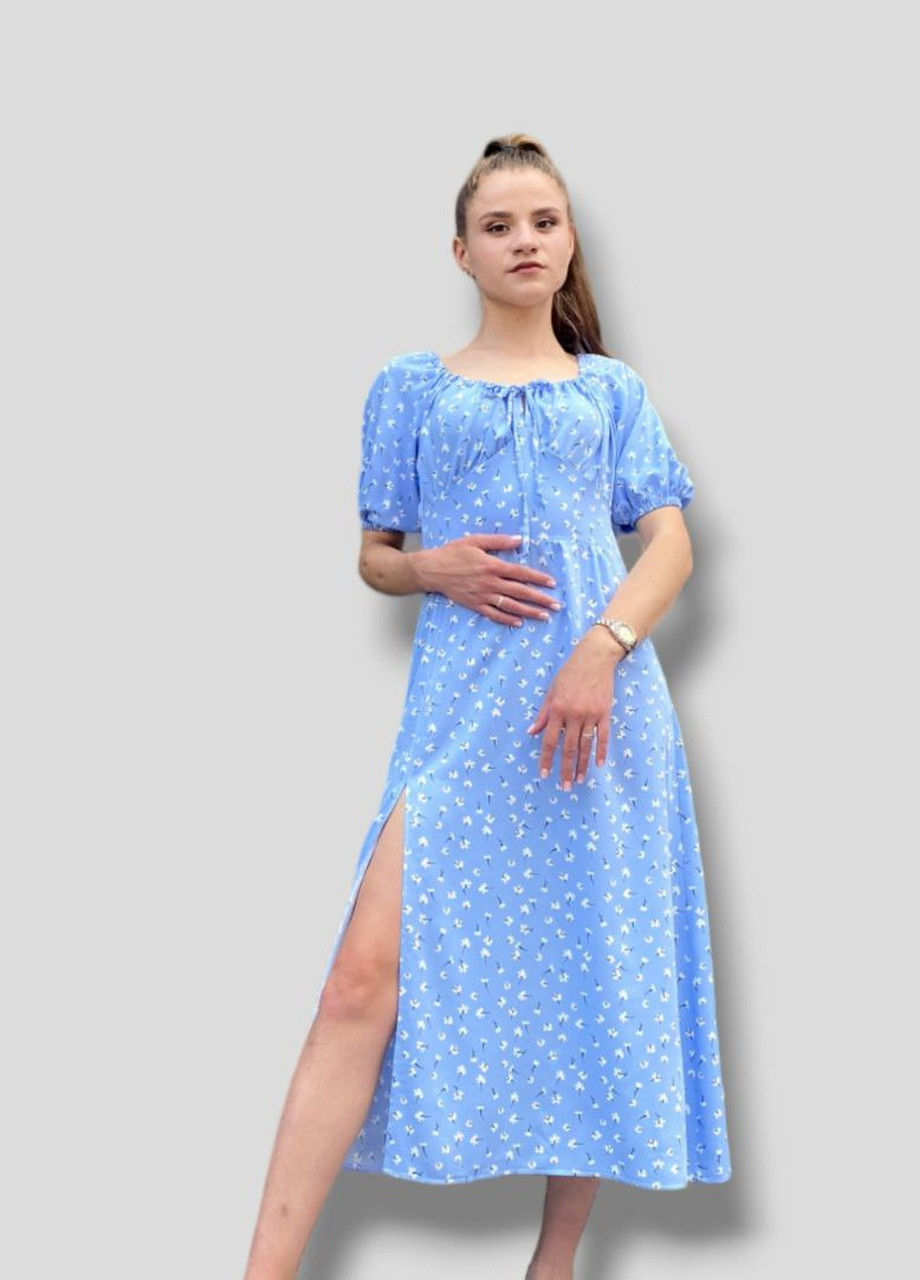 Голубое повседневный платье штапель с разрезом No Brand с цветочным принтом
