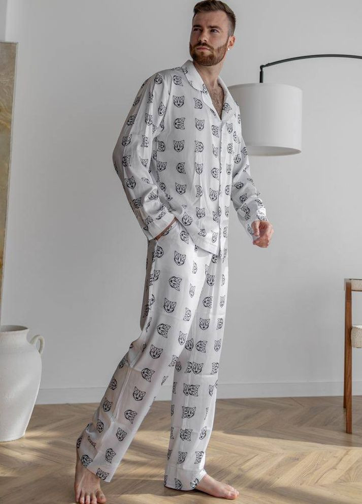 Мужская пижама шелк Армани Cat цвет белый р.L 443849 New Trend (266423891)