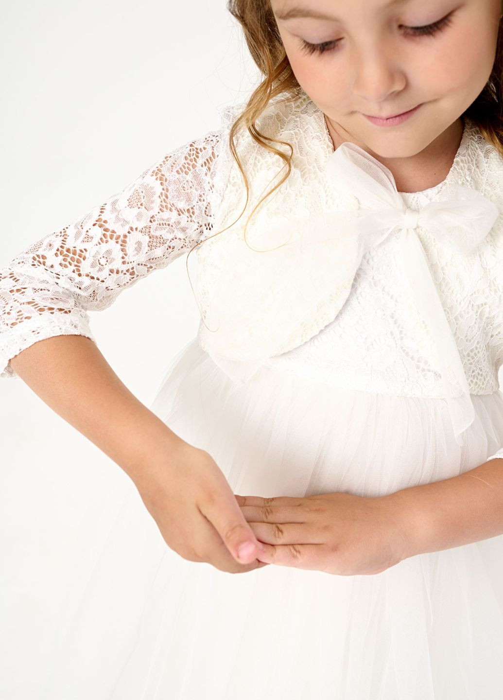 Болеро для девочки с кружевными рукавами белое Yumster (260616691)