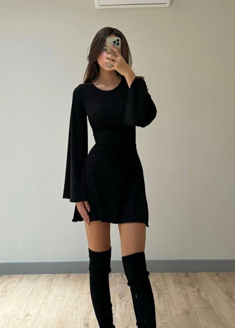 Черное шикарное короткое платье с завязками на спине и длинным рукавом, нежное вечернее платье No Brand