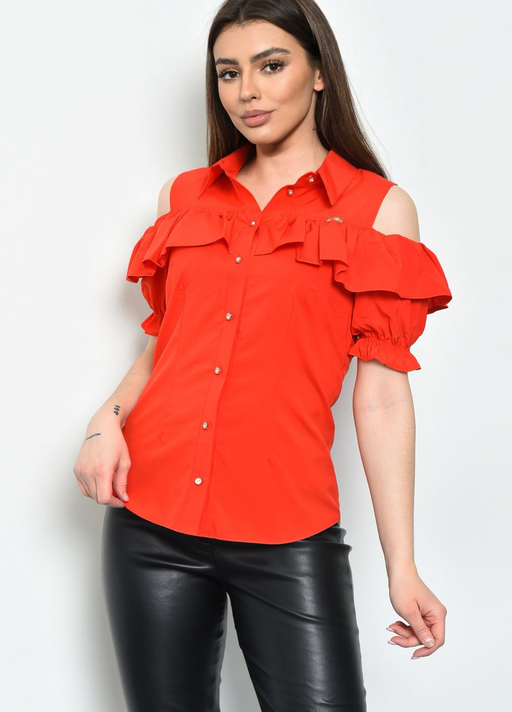 Червона блуза жіноча однотонна червоного кольору з баскою Let's Shop