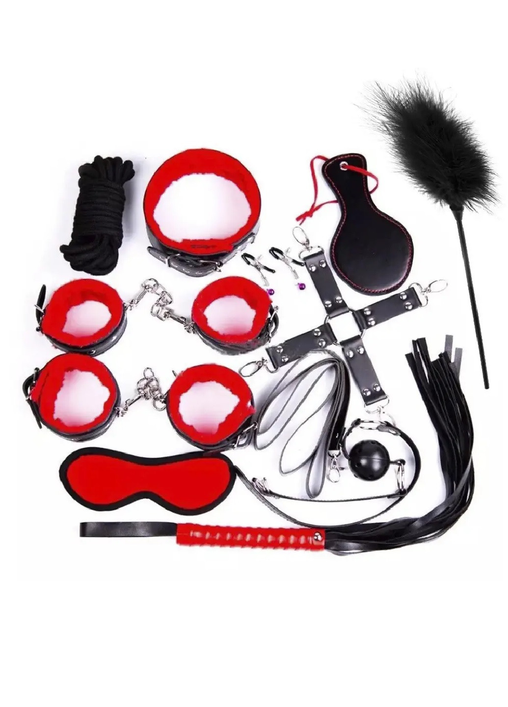 БДСМ набір для рольових садо-мазо ігор. BDSM Фетиш 11 предметів Чорно-червони No Brand (276967322)