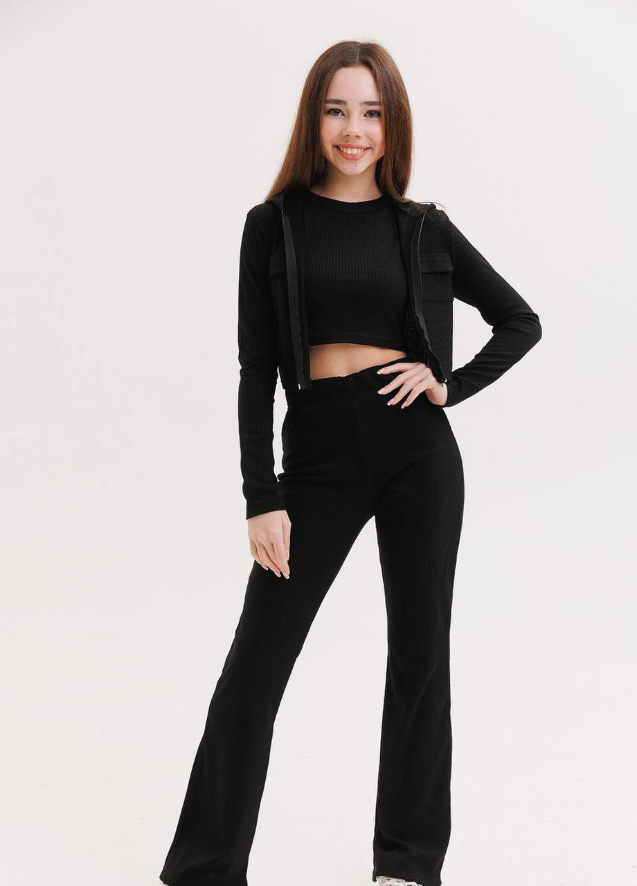 Чорний демісезонний костюм трійка з кроп-топом на блискавці для дівчинки чорний 126943 No Brand