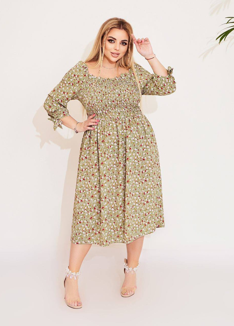 Оливкова жіноча сукня з квітковим принтом колір оливка р.50/52 435885 New Trend