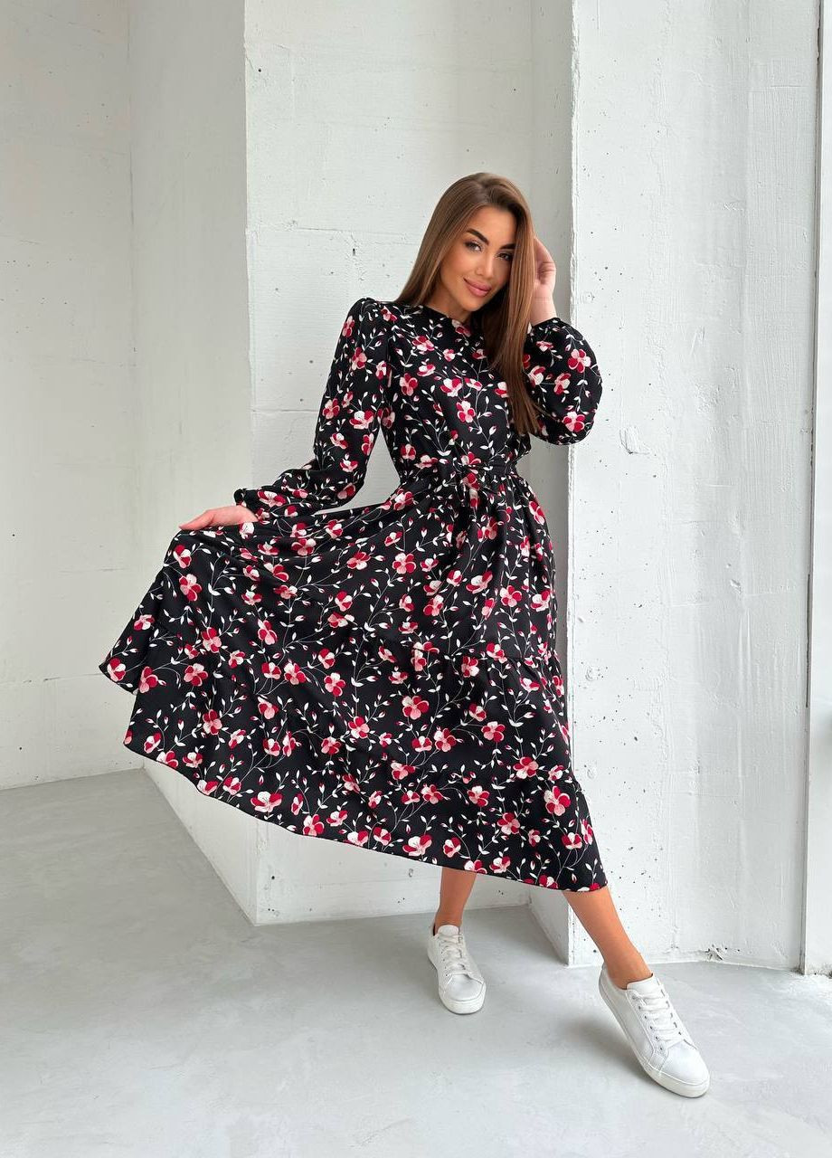 Чорна ділова, кежуал жіноча сукня штапель No Brand з квітковим принтом