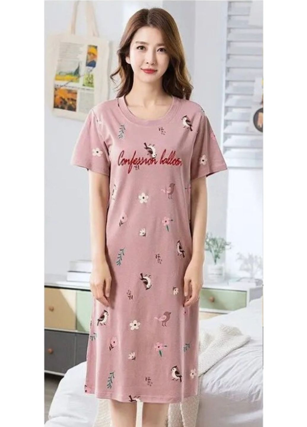 Женская ночная рубашка с коротким рукавом Птичка No Brand (265626562)