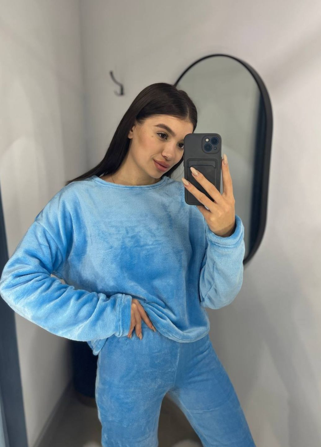 Голубая зимняя супертеплая женская пижама. махра велсофт свитшот + брюки Украина