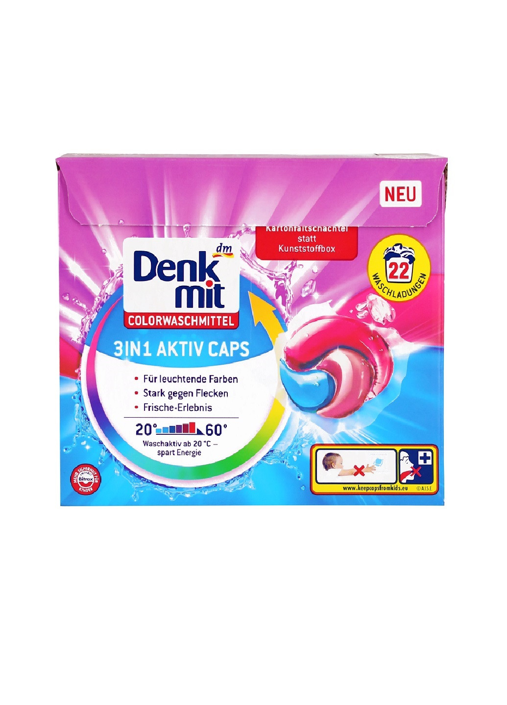 Гель-капсули для прання кольорових речей 3в1 Aktiv Caps 22 шт Denkmit (257519080)