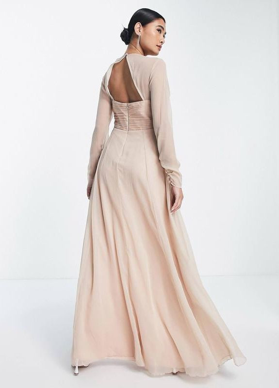 Пудрова ніжно-рожева сукня максі з довгими рукавами та плісованою спідницею Asos