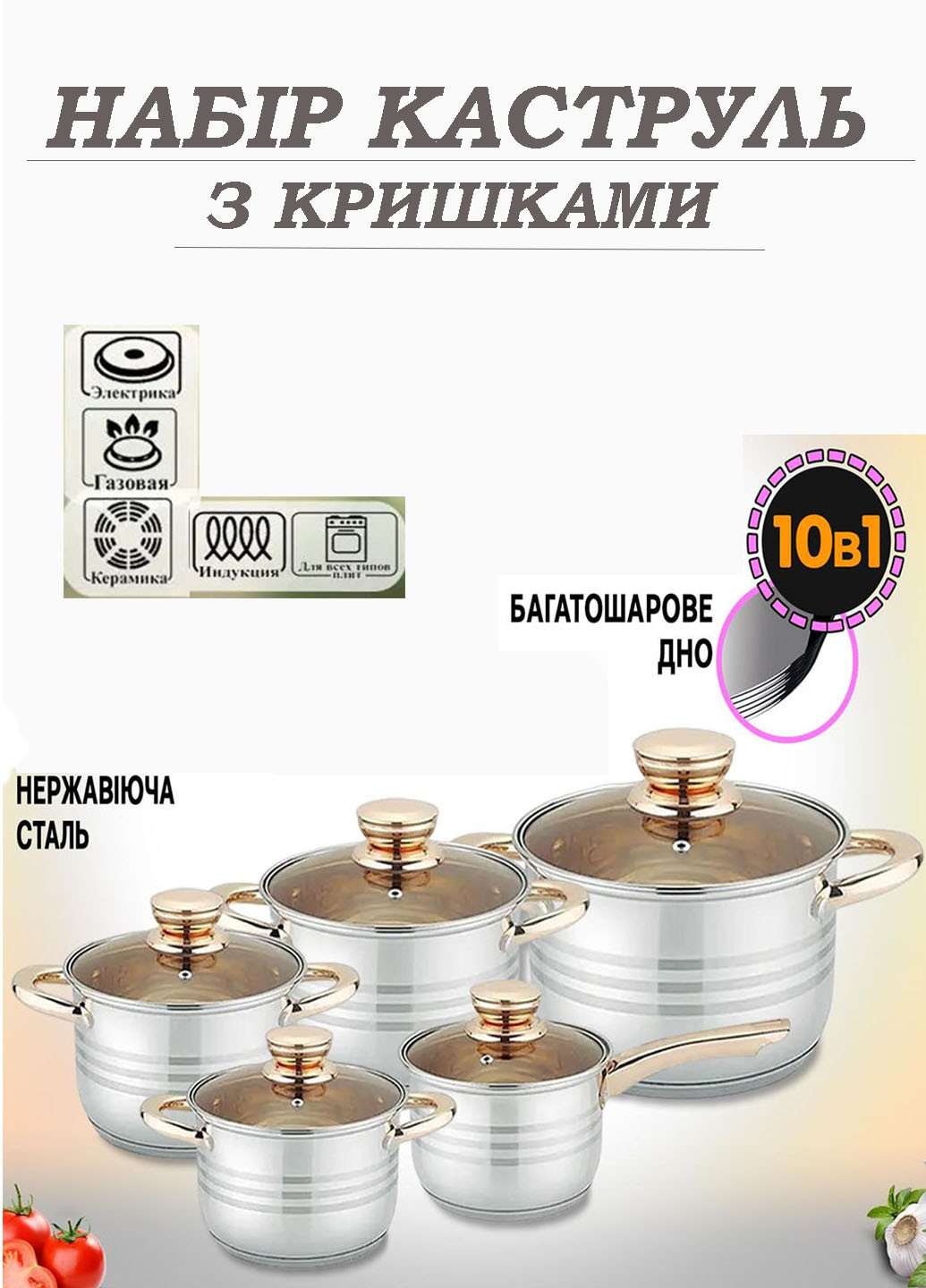 Кухонный набор кастрюль с крышками Grandhoff GOLD из нержавеющей стали 10 предметов Good Idea 7010 (277167437)