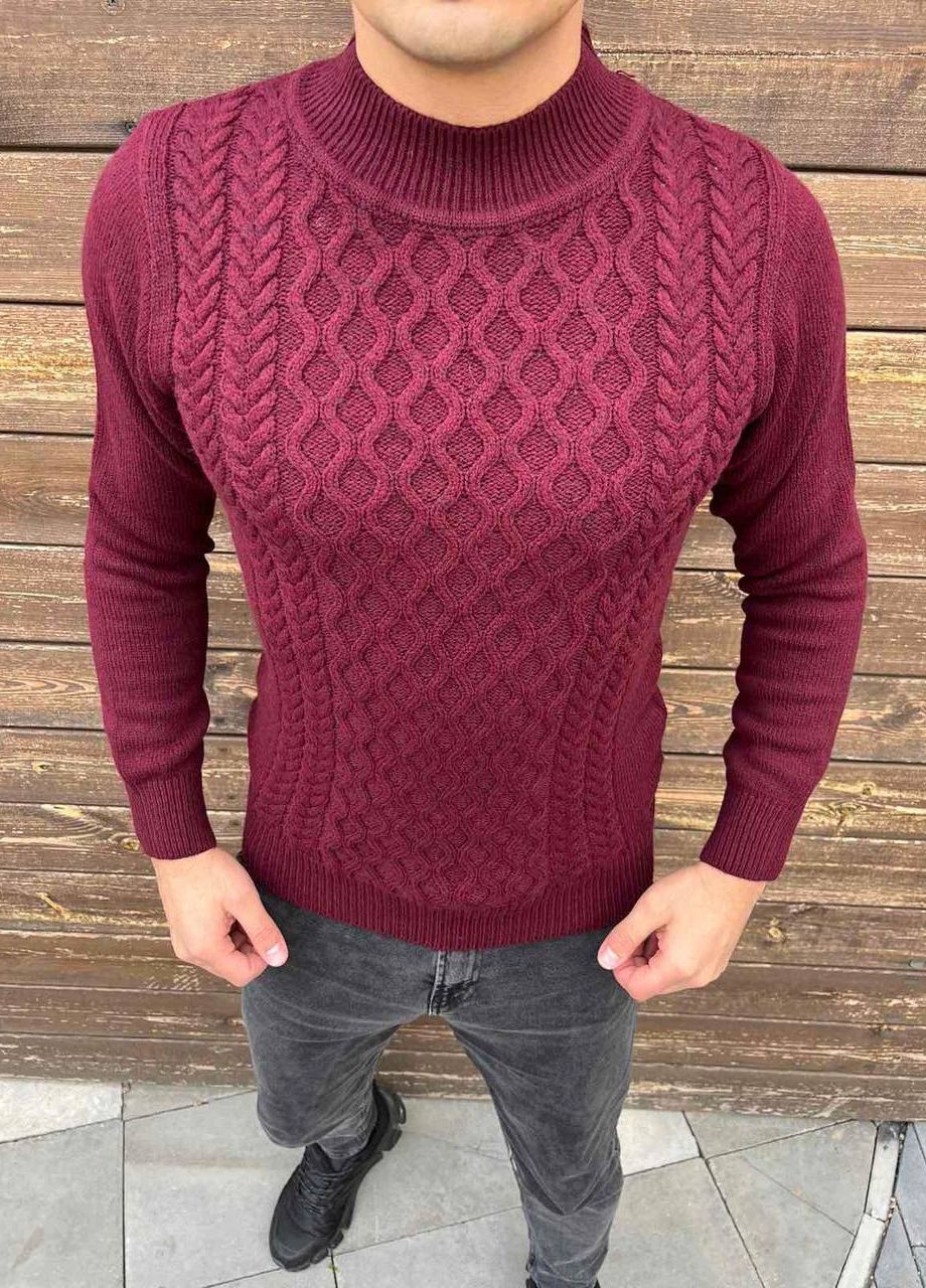 Бордовый зимний мужской однотонный свитер No Brand