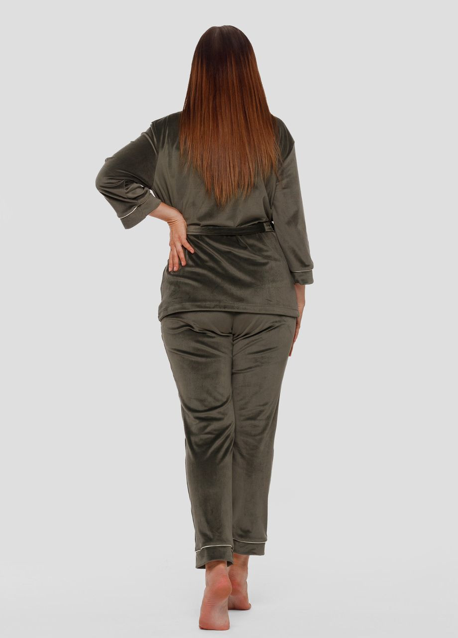Оливковая (хаки) всесезон пижама костюм домашний велюровый халат со штанами хаки Maybel