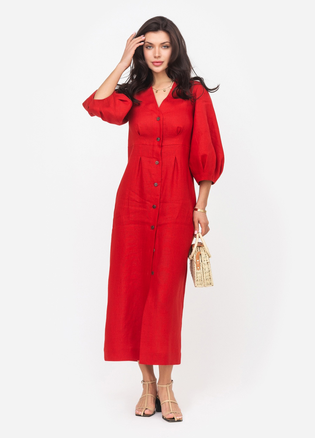 Красное повседневный платье меди с пышными рукавами красное футляр MORANDI однотонное