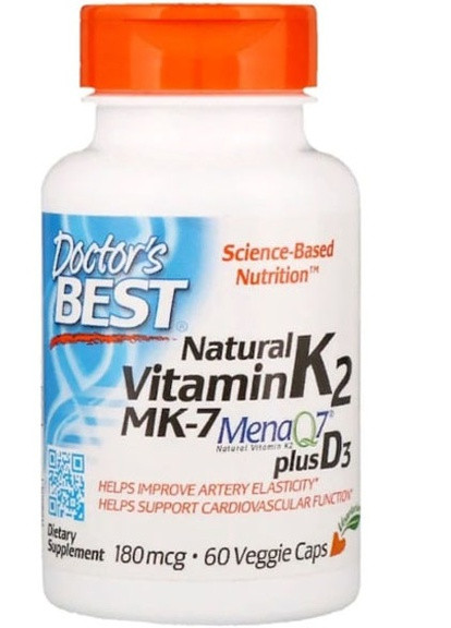 Natural Vitamin K2 MK-7 with MenaQ7 plus Vitamin D3 180 mcg 60 Veg Caps DRB-00404 Doctor's Best (256721453)