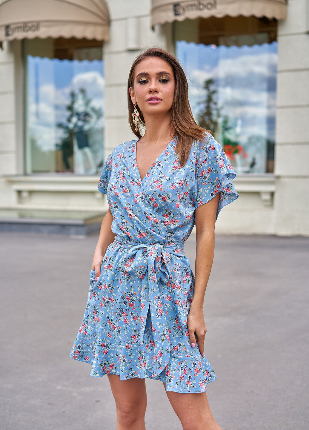 Блакитна повсякденний літня сукня з легкого льону Jadone Fashion з квітковим принтом