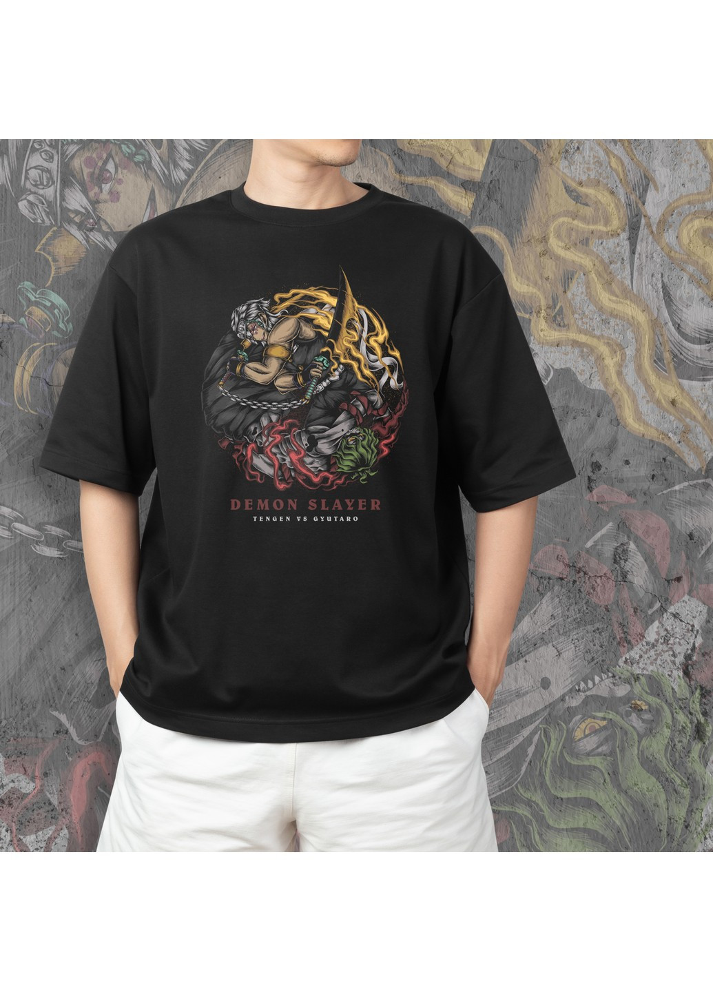Чорна футболка з принтом клинок розсікаючий демонів - тенген і гютаро No Brand