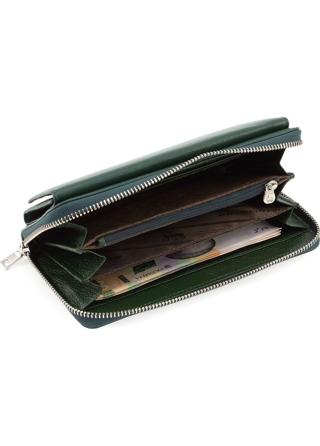 Жіночий гаманець-клатч із натуральної шкіри на блискавці з ремінцем на зап'ястя 19,5х11 6054-7(17079) зелений Marco Coverna (259752585)