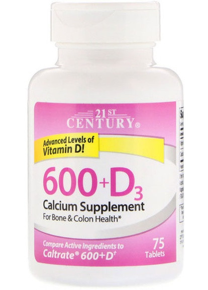 600+D3, Calcium Supplement, 600 mg/800IU 75 Tabs 21st Century (258499259)