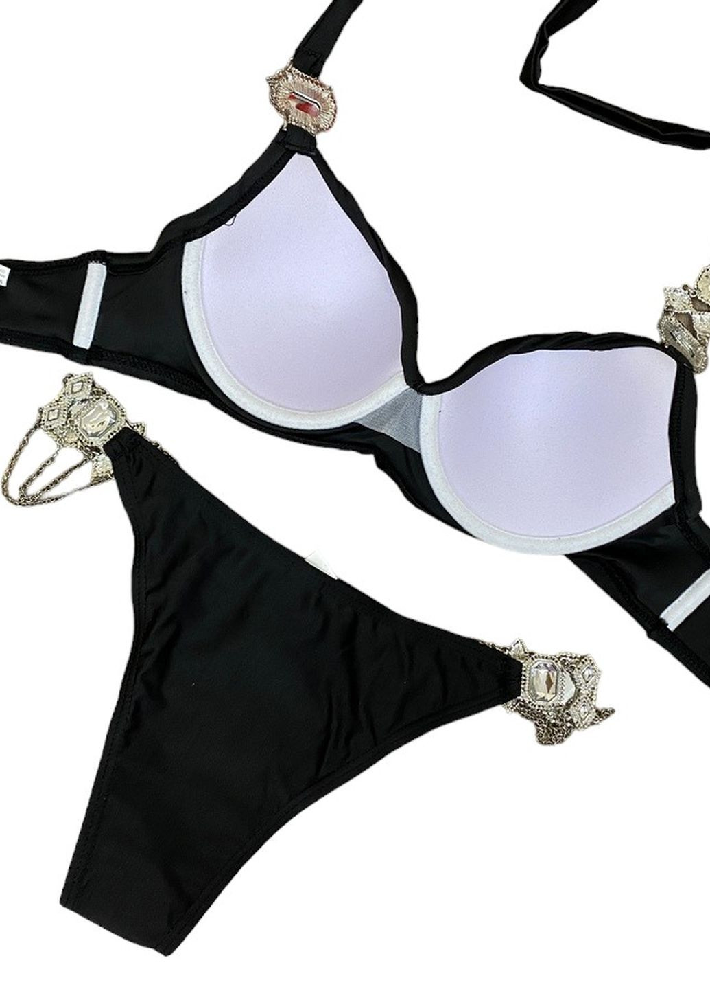 Чорний літній купальник зі стразами камінням та ланцюжками жіночий роздільний стильний красивий роздільний No Brand 7782