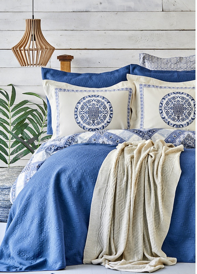 Набор постельное белье с покрывалом + плед - Levni mavi 2020-1 синий евро Karaca Home (258186384)