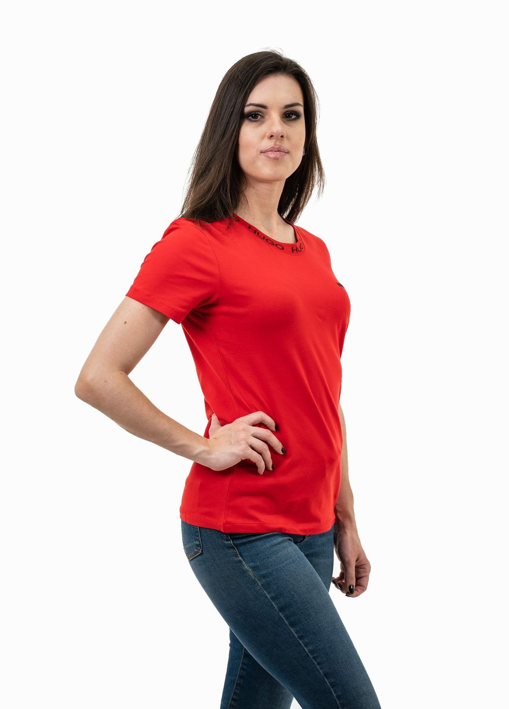 Красная летняя футболка женская Hugo Boss RELAXED-FIT T-SHIRT IN COTTON JERSEY WITH LOGO