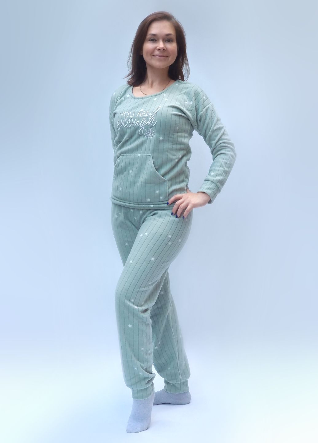 Оливковая зимняя женская флисовая пижама в рубчик лонгслив + брюки Pijamoni