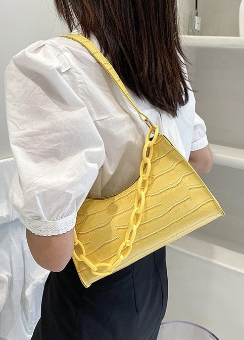 Женская маленькая сумочка через плечо багет рептилия крокодиловая кожа желтая No Brand (259470398)
