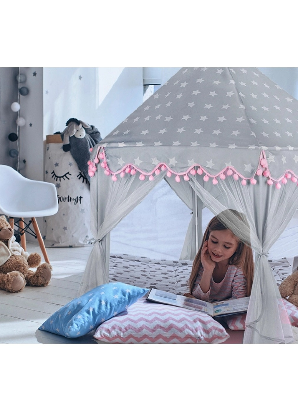 Дитячий ігровий намет шатро будиночок замок палац для дітей малюків 123х123х140 см (475160-Prob) Сіро-рожевий Unbranded (262596929)