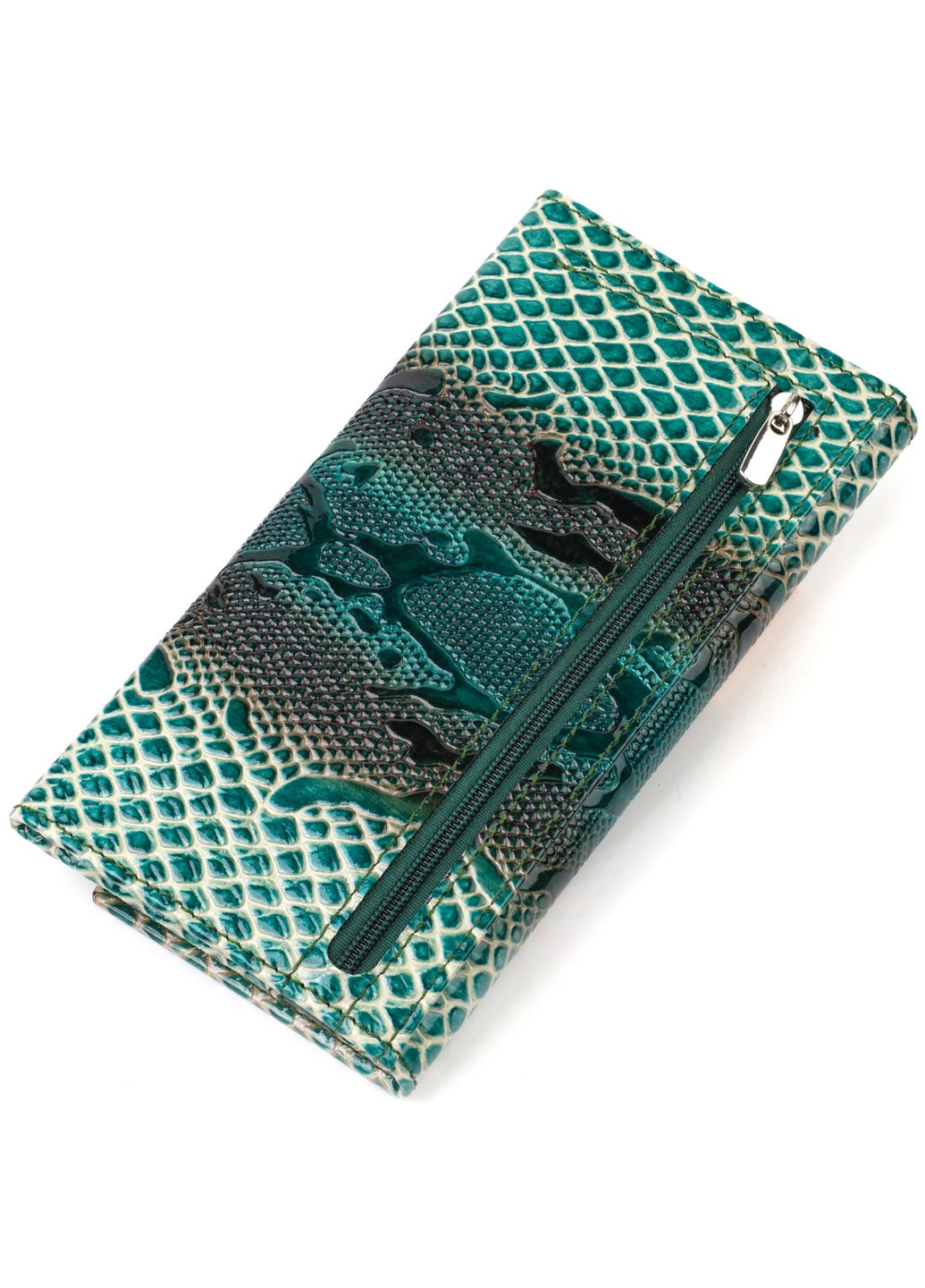 Лакированный кошелек для женщин из натуральной фактурной кожи с тиснением под рептилию 21824 Зеленый Canpellini (259874072)