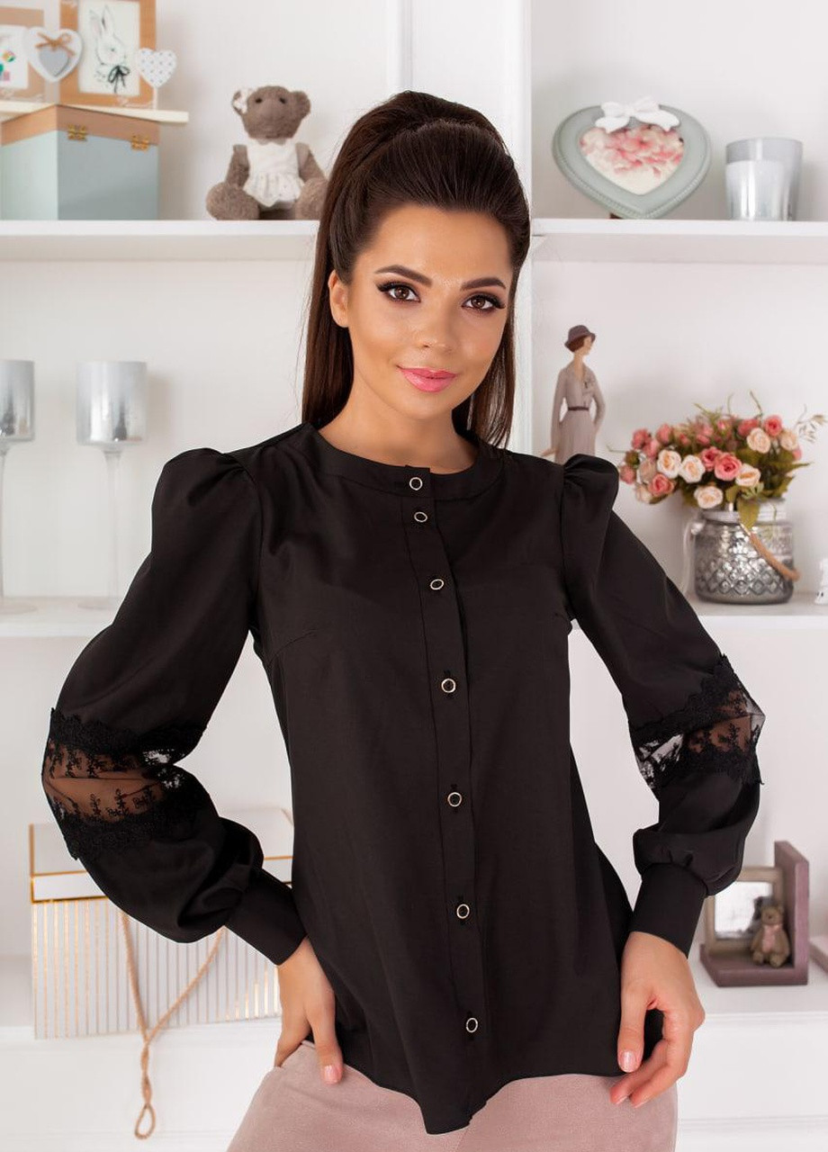 Чорна женская блуза с рукавами с кружевом размер черного цвета 374555 New Trend