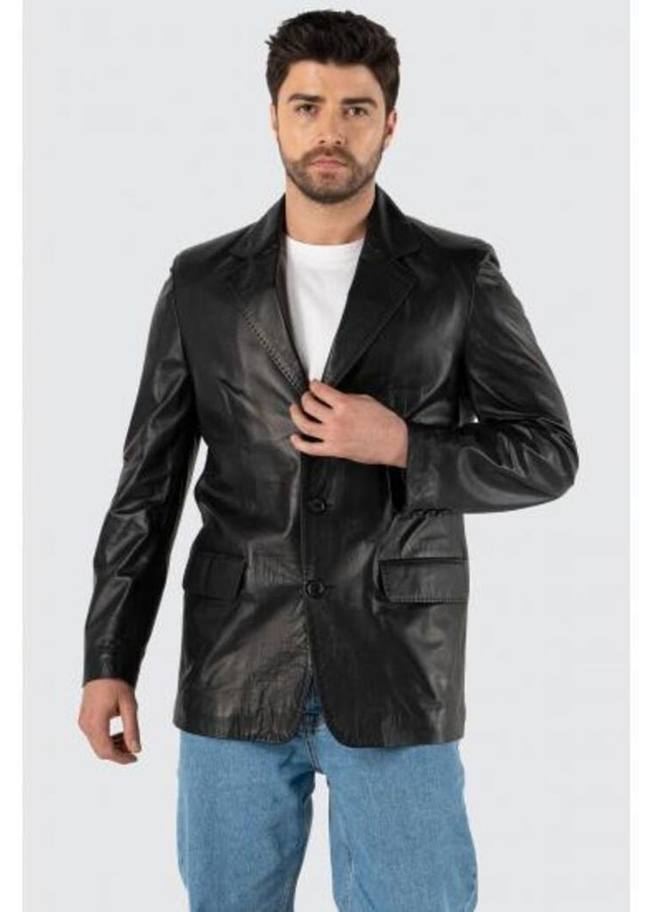 Черная демисезонная кожаная куртка блейзер мужская черная 26130011 No Brand