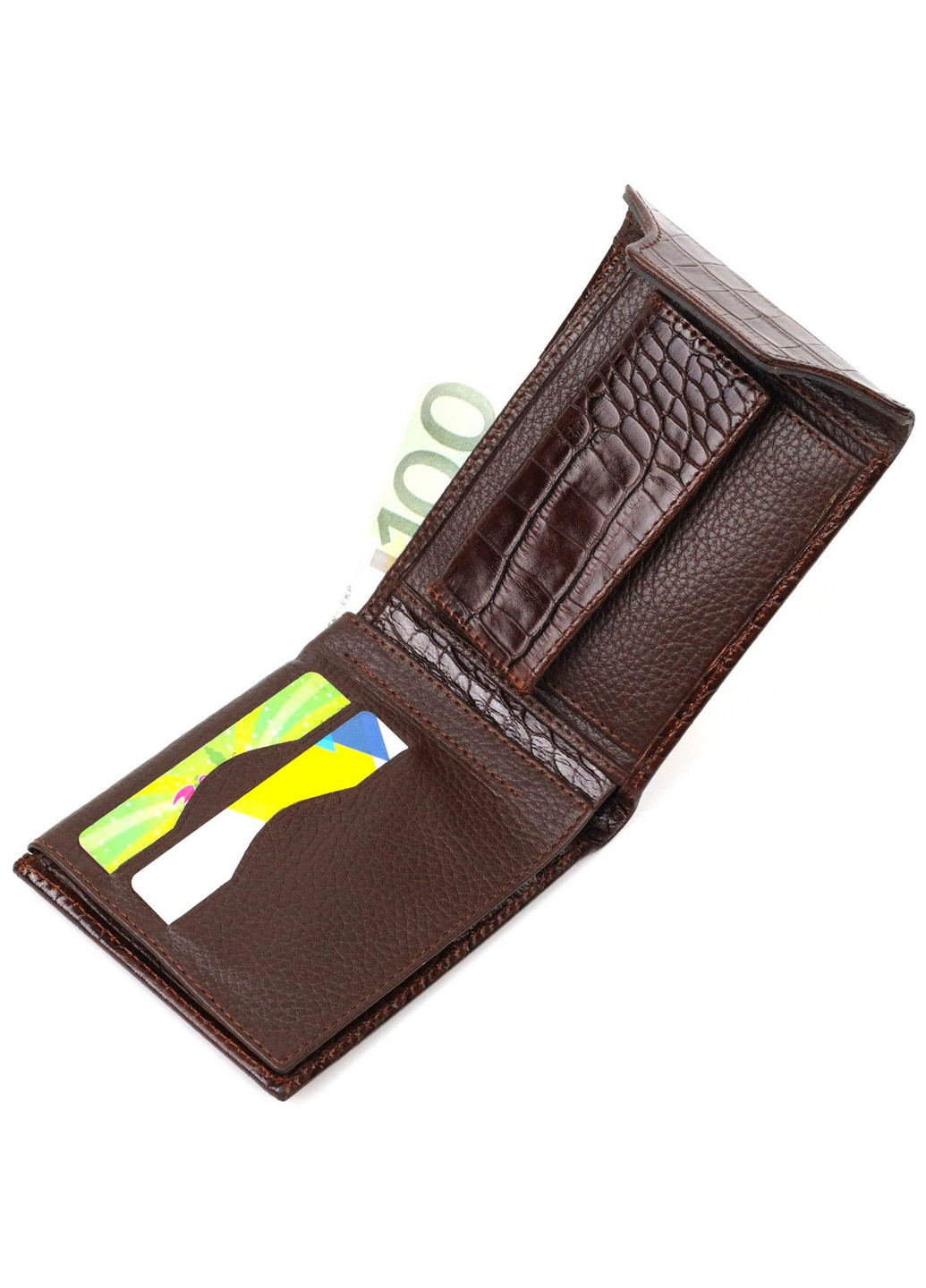 Фактурний чоловічий гаманець з натуральної шкіри з тисненням під крокодила з цікавою застібкою 21990 Коричневий Bond (262158712)