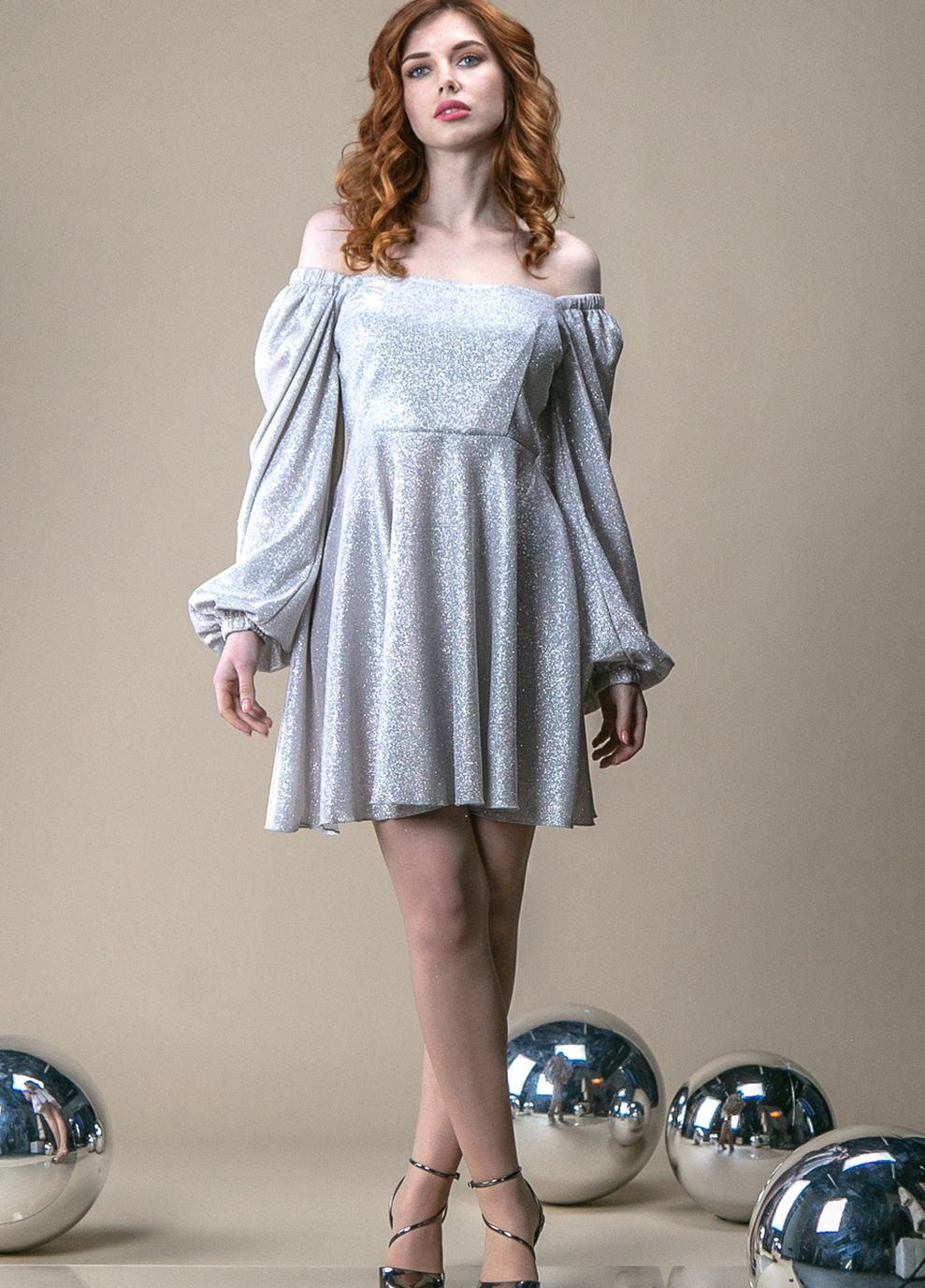 Светло-серое праздничный, коктейльное платье мини блестящий рукав длинный CHICLY однотонное