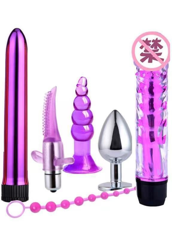 Секс-игрушек для взрослых 6 в 1 вибратор, анальная пробка, виброязычок, анальная цепочка розовый No Brand (268470112)