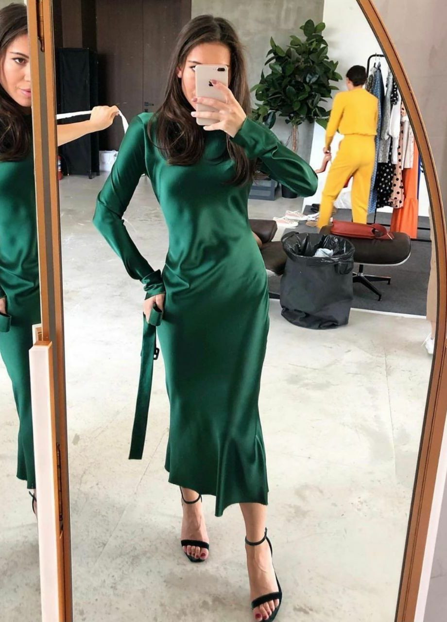 Зеленое вечернее прекрасное женское вечернее платье из шёлка No Brand однотонное