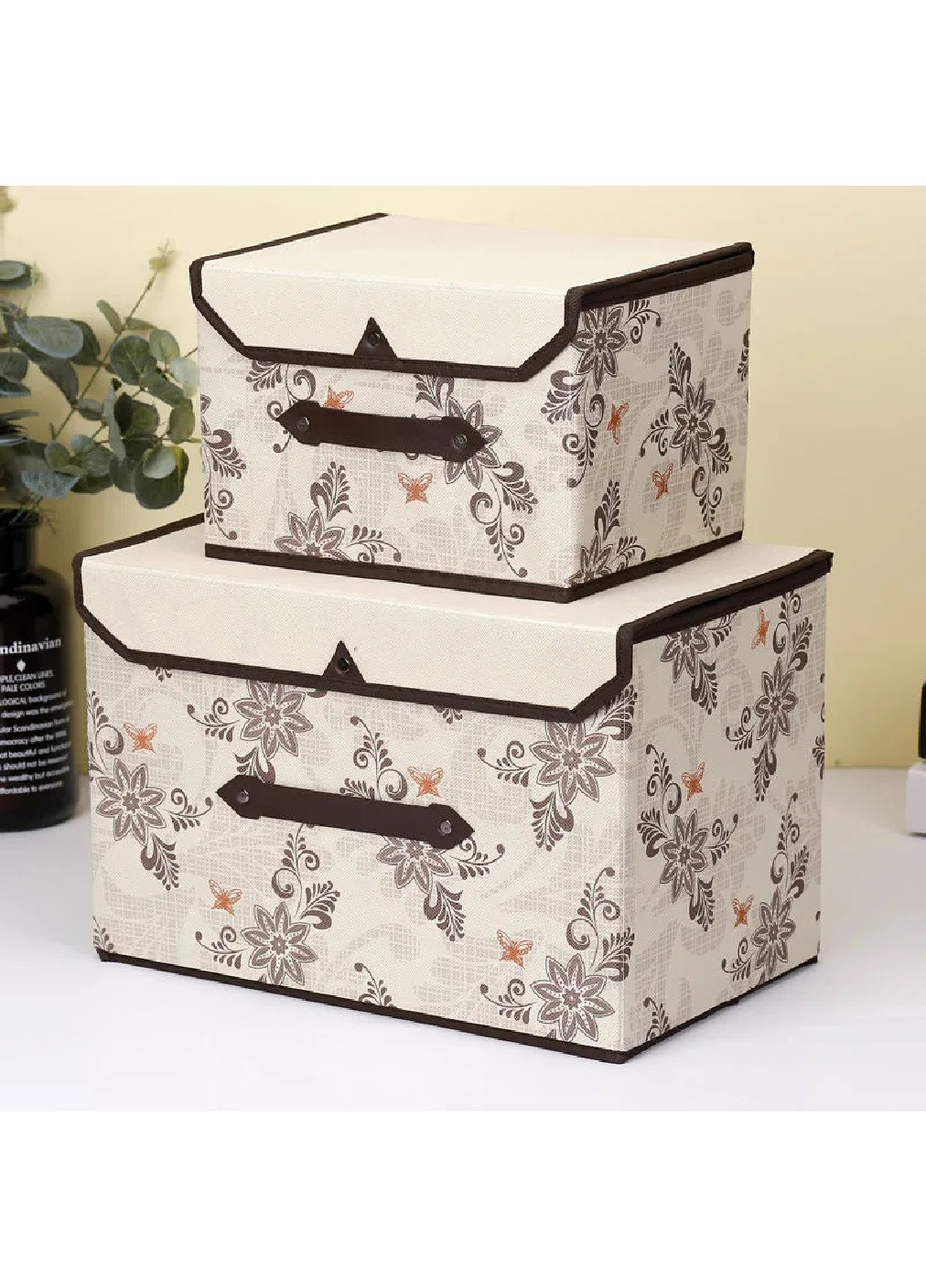Комплект набор органайзеров кейсов боксов для хранения одежды личных вещей 2 шт (475058-Prob) Бежевый с коричневыми цветами Unbranded (261030915)