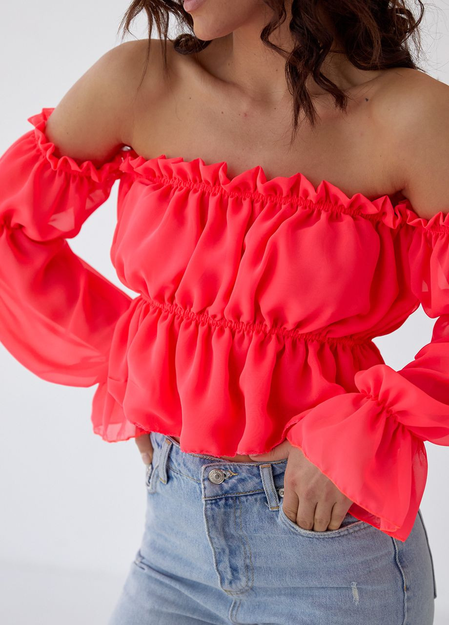 Розовая летняя женская укороченная блузка из шифона - розовый No Brand