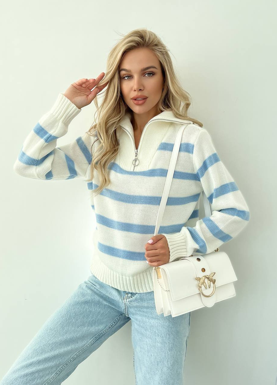 Жіночий светр вовняний в смужку з блискавкою молочний з блакитним р.42/46 396783 New Trend (258967552)