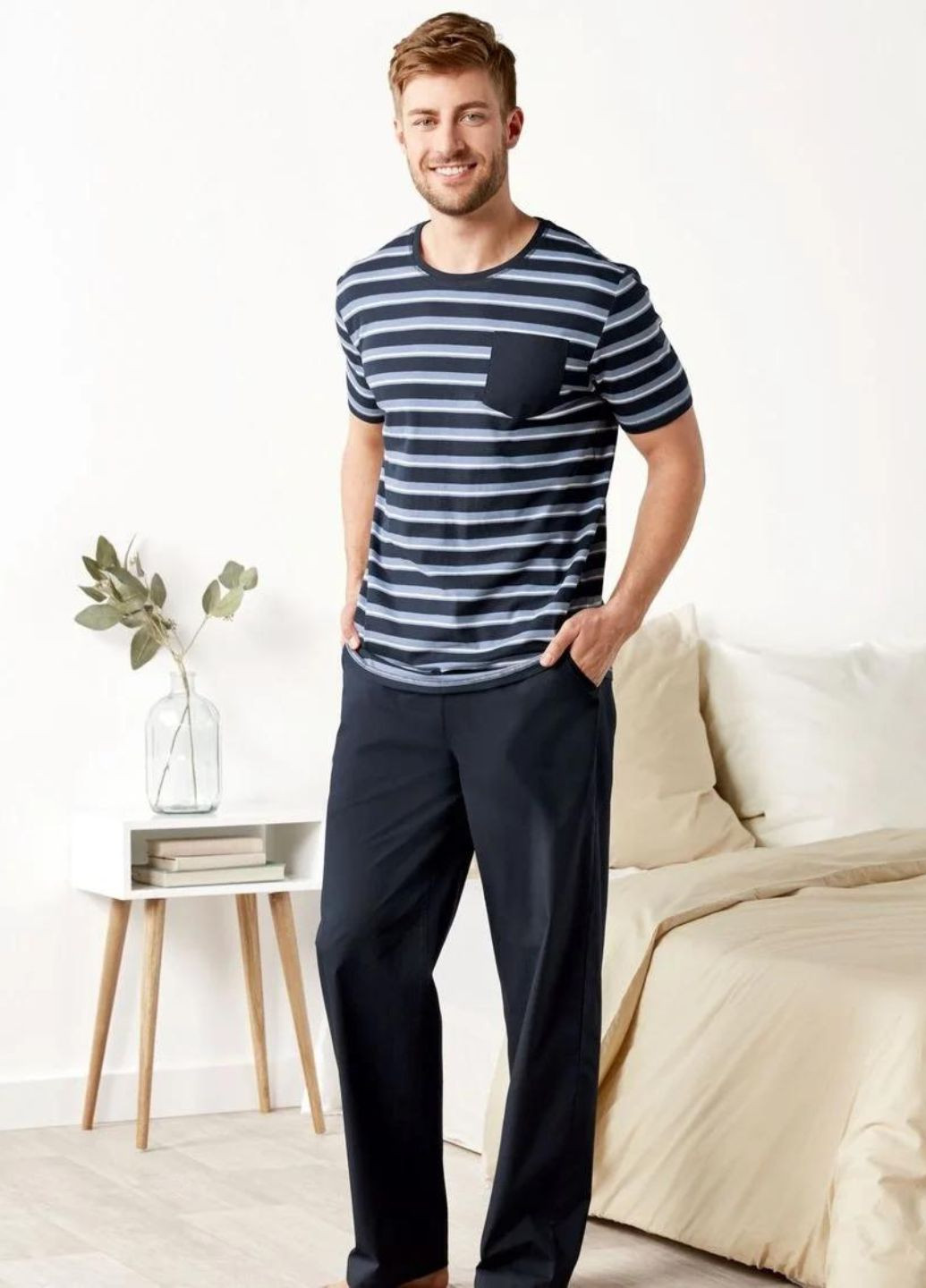 Чоловіча піжама. Домашній костюм Livergy футболка + штани смужка синя домашня бавовна органічна