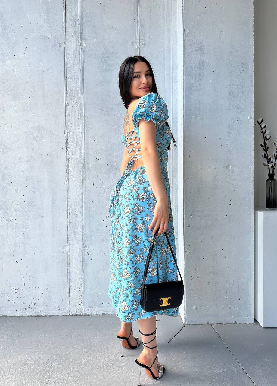 Світло-блакитна кежуал неймовірна сукня міді зі спинкою на шнурівці Vakko з квітковим принтом