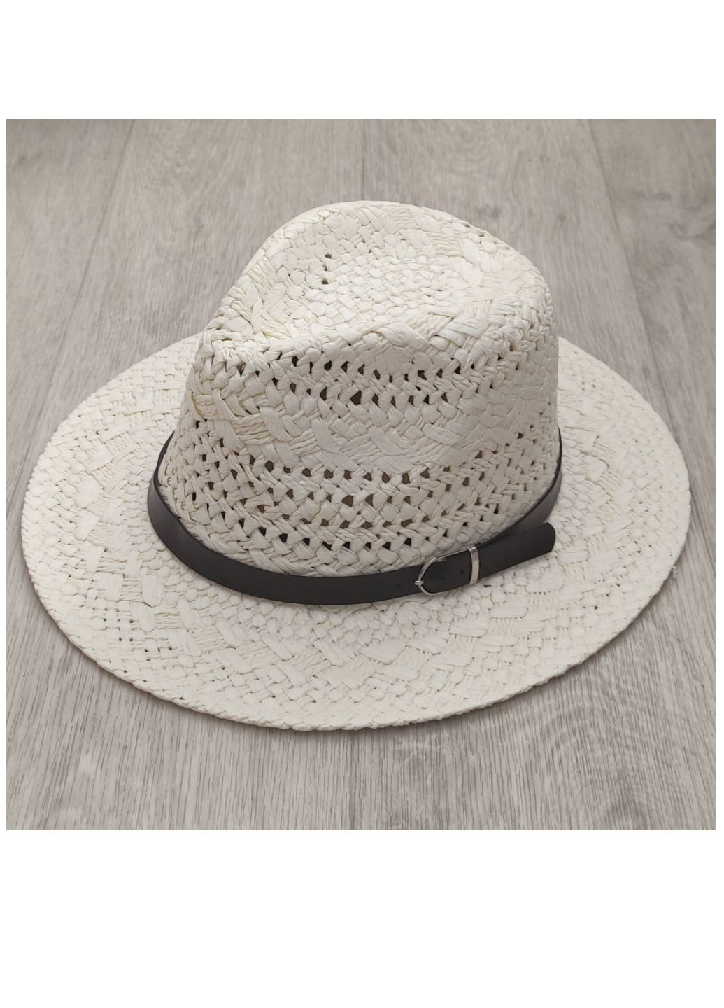 Дорослий літній солом'яний капелюх Федора молочний з ремінцем 56-58р ( No Brand (259902885)