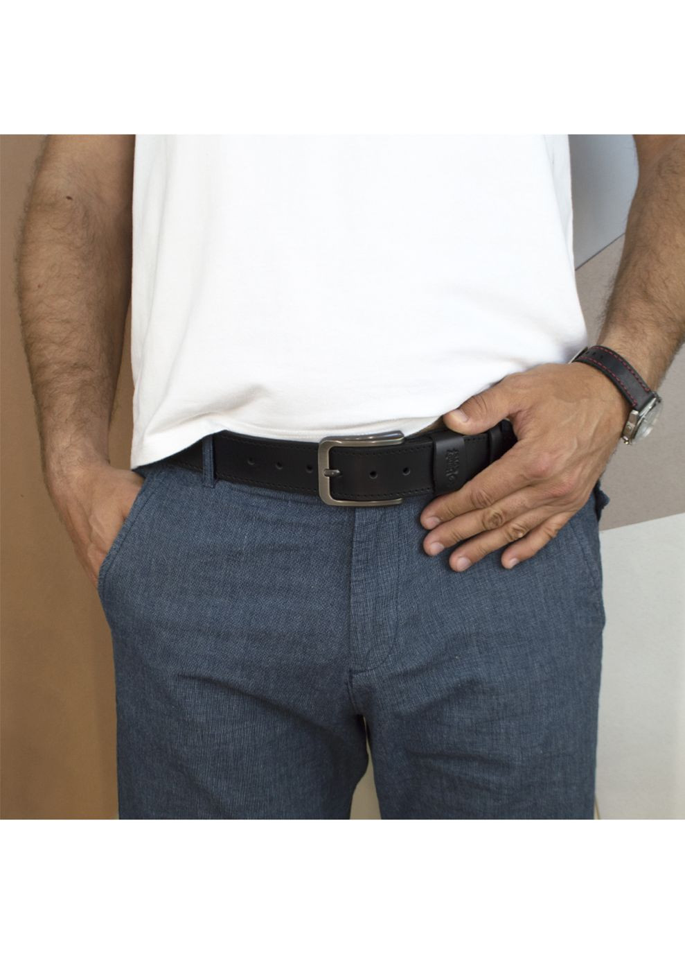 Ремень мужской кожаный со строчкой HC0072 черный (130 см) HandyCover (264197168)