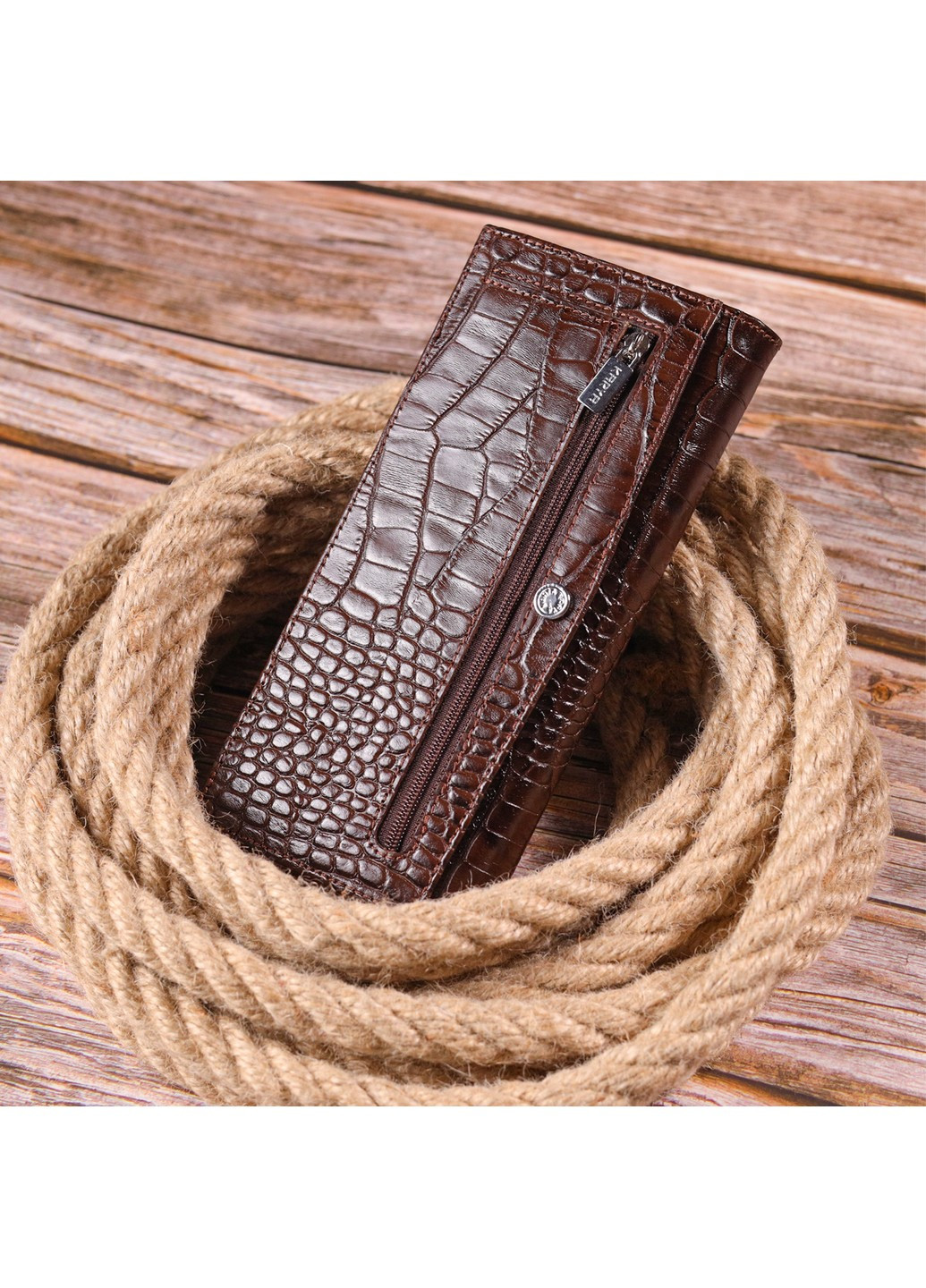 Интересный вертикальный бумажник из натуральной фактурной кожи 21434 Коричневый Karya (258267866)