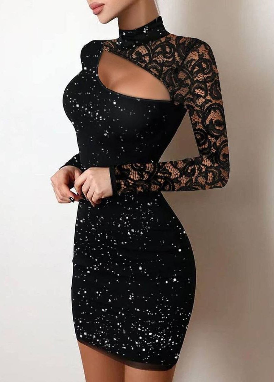Черное чёрное блестящее новогоднее платье с вырезом и кружевным рукавом, шикарное праздничное и вечернее платье No Brand