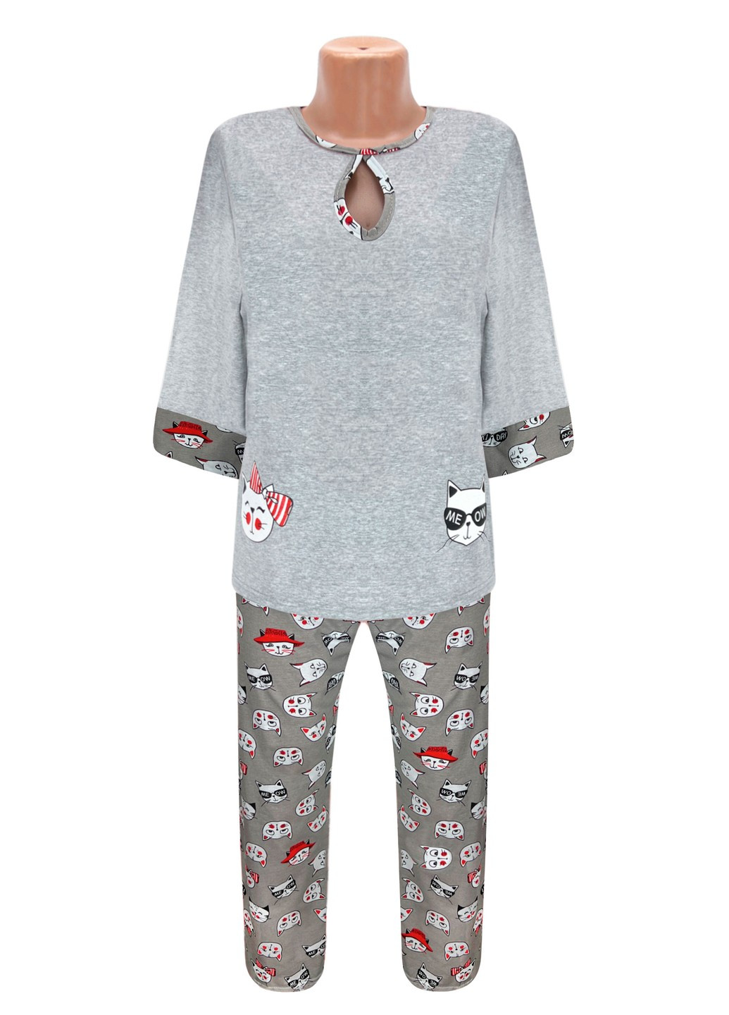 Сіра всесезон піжама жіноча коти кофта + брюки Жемчужина стилей 4500