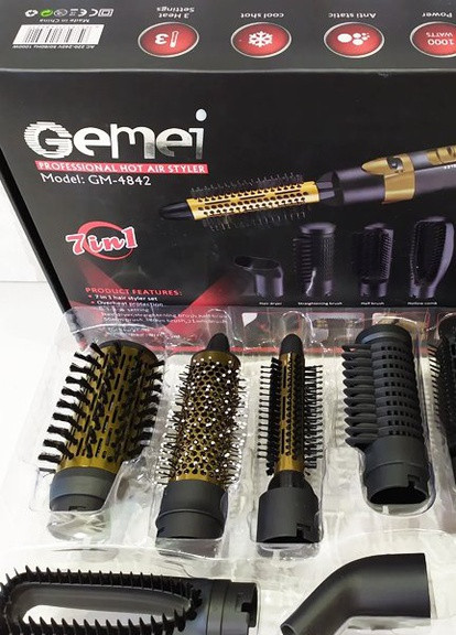 Фен щітка гребінець 7 в 1 з насадками для укладання та завивки волосся GM-4842 чорний (GM-4842) Gemei (258190406)